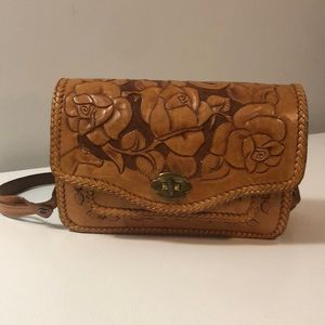 VTG Carved Tooled Leather Purse Bag Roses Horse Adjustable Strap Equestrian Boho